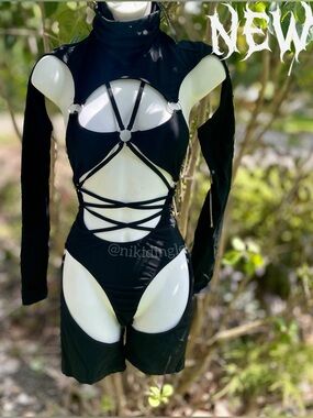 NEW Dolls Kill Club Exx Cut Out Romper Bodysuit Festival Punk Goth Cyber Harness